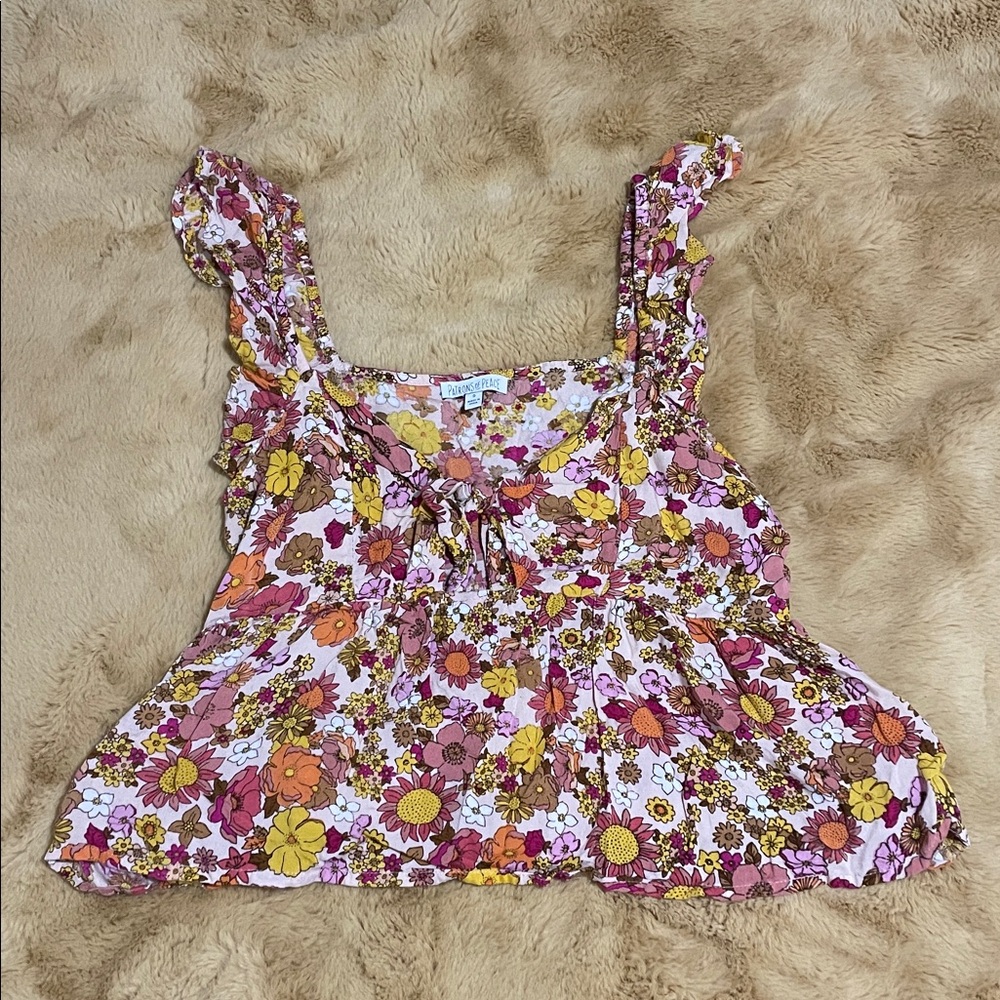 Patrons of Peace Pink and Yellow Ruffled Crop Blouse